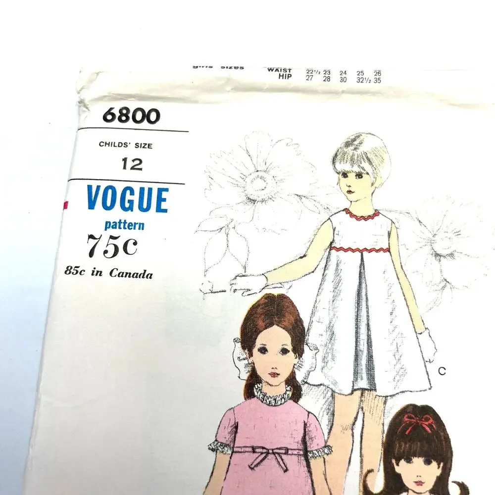 Vogue‎ Vintage 1960's Pattern #6800 Childs One Piece Dress Size 12